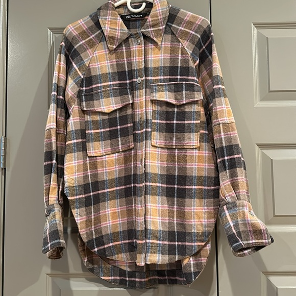 Zara Oversized Plaid Shacket Overshirt Flannel Jacket Tan Pink Navy - Picture 4 of 8